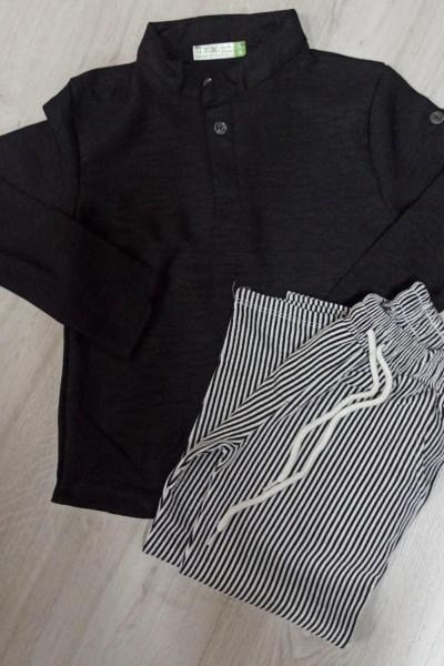 HAKİM YAKA  PANTOLONU ÇİZGİLİ KETEN ERKEK TAKIM  Siyah