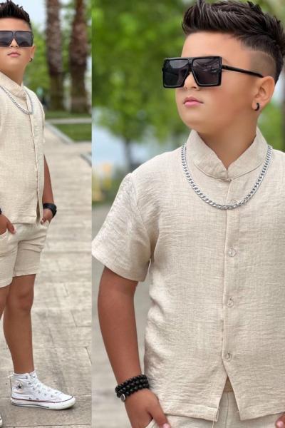 HAKİM YAKA ŞORTLU ERKEK KETEN TAKIM Bej