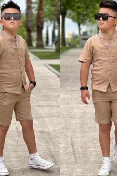 HAKİM YAKA ŞORTLU ERKEK KETEN TAKIM Kahverengi
