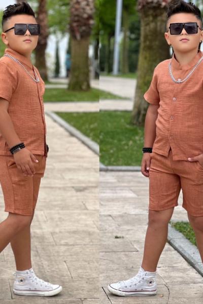 HAKİM YAKA ŞORTLU ERKEK KETEN TAKIM Kiremit