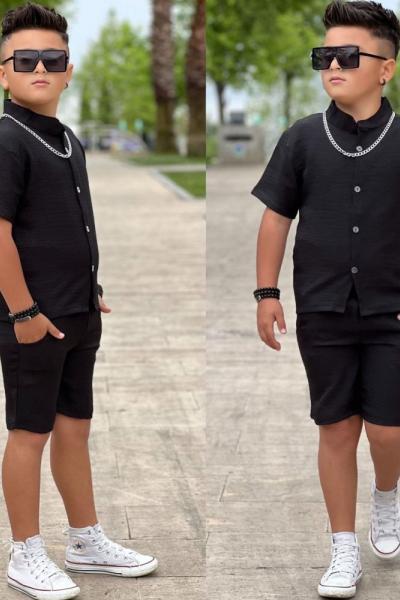 HAKİM YAKA ŞORTLU ERKEK KETEN TAKIM Siyah