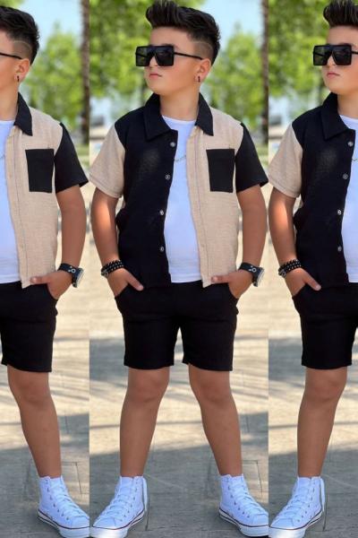 3 PARÇA İKİ RENKLİ KETEN ŞORTLU ERKEK TAKIM  Siyah