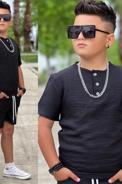 YAKASI ÜÇ DÜĞMELİ ERKEK ŞORTLU KETEN TAKIM  Siyah