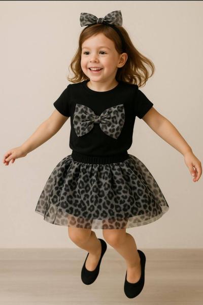 FİYONKLU TAÇLI LEOPAR ETEKLİ TAKIM  Gri