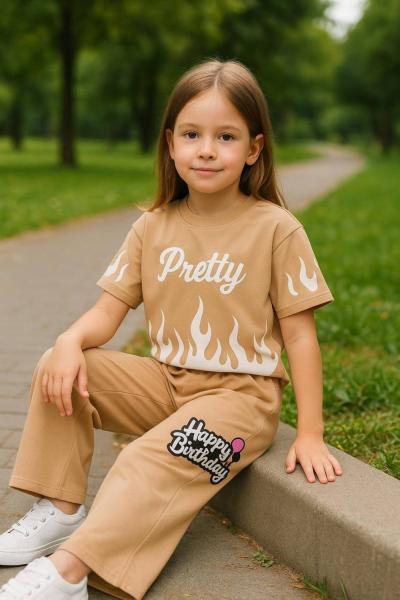 ALEVLİ PRETTY YAZILI ALT İSPANYOL KIZ TAKIM Bej