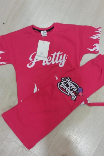 ALEVLİ PRETTY YAZILI ALT İSPANYOL KIZ TAKIM Fuşya