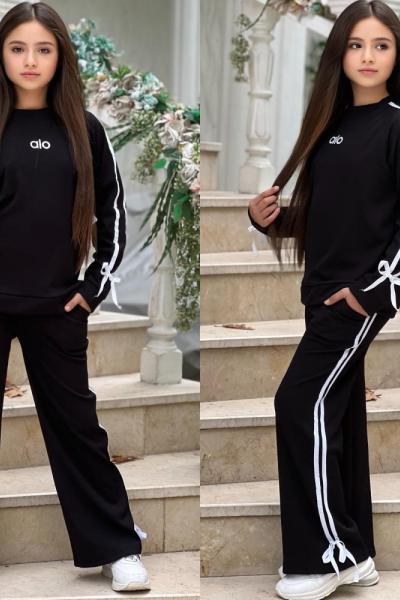 ALO YAZILI FİYONK DETAYLI FİTİLLİ KIZ TAKIM  Siyah