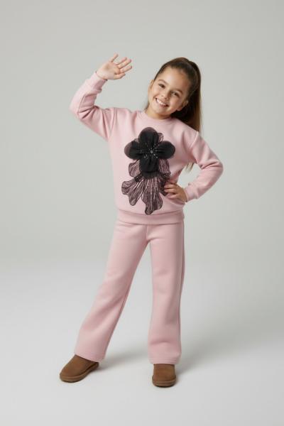 APLİK ÇİÇEK DESENLİ 3 İP ŞARDONLU KIZ TARZ TAKIM Pembe