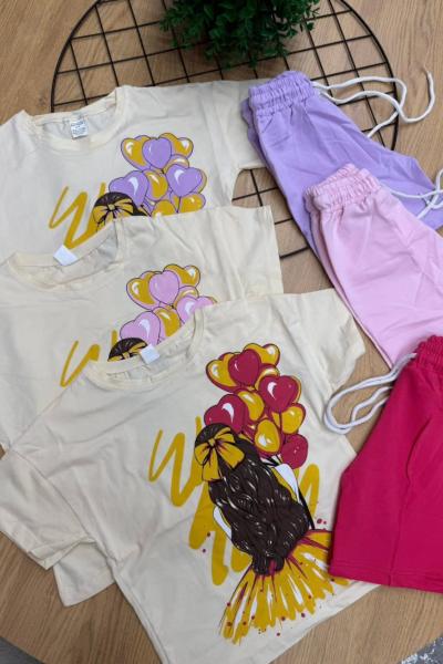 ARKASI DÖNÜK KALPLİ BALONLU ŞORTLU KIZ TAKIM  Açık Pembe