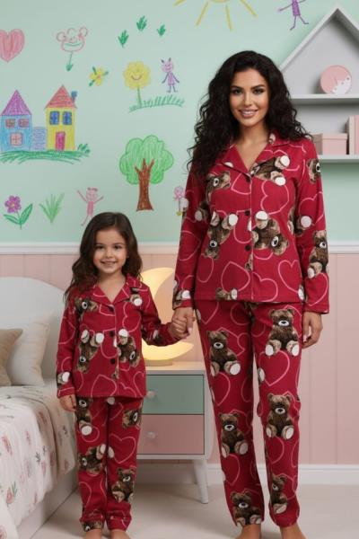 AYICIKLI PEMBE KALPLİ SÜET ANNE PİJAMA TAKIMI  Fuşya