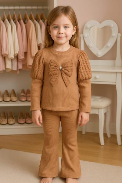 BALON KOL ÜST FİYONK DETAYLI KAŞKORSE KIZ TAKIM Bej