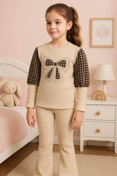 BALON KOLLU KOLLARI KAHVE MİNİK KARELİ ORTASI FİYONKLU KIZ İSPANYOL TAKIM Bej