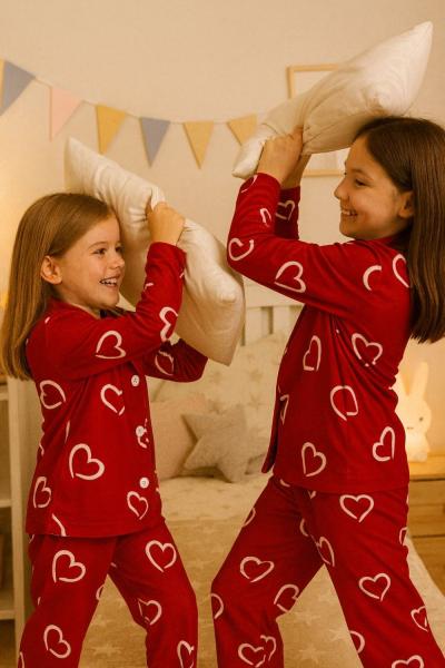 BEYAZ KALPLİ SÜET KIZ PİJAMA TAKIMI Kırmızı