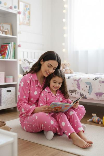 BEYAZ KALPLİ SÜET ANNE PİJAMA TAKIMI  Pembe