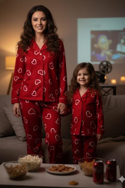 BEYAZ KALPLİ SÜET ANNE PİJAMA TAKIMI  Kırmızı