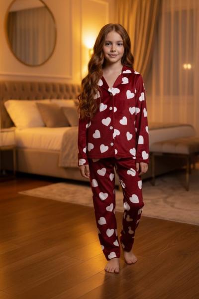 BEYAZ KALP DESENLİ PİJAMA TAKIMI  Bordo