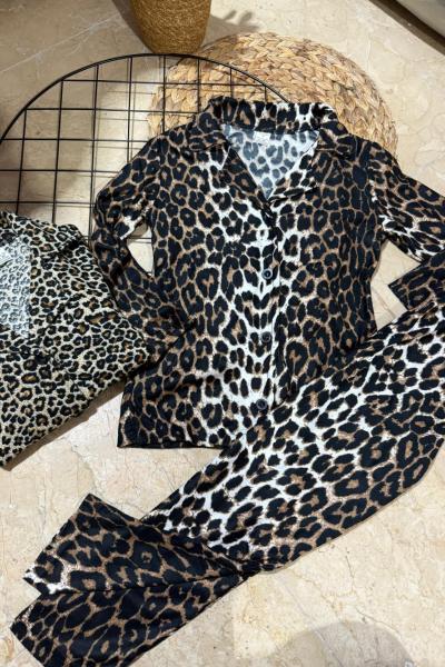 BÜYÜK LEOPARLI SÜET KIZ PİJAMA TAKIMI Leopar