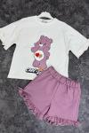 CARE BEARS YAZAN AYICIĞIN ORTASI KALPLİ ŞORTLU KIZ TAKIM Mürdüm