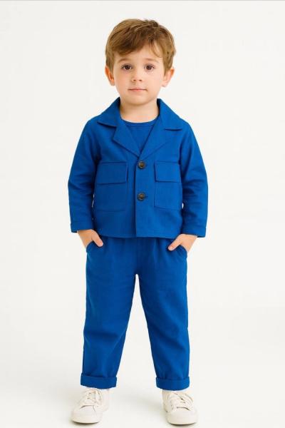 CEKETLİ 2 PARÇA KETEN ERKEK TAKIM  Saks Mavisi