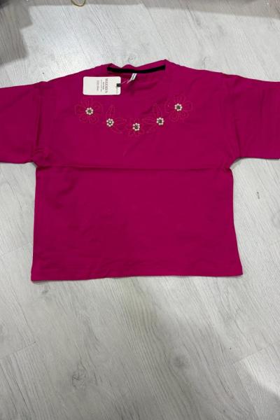 ÇİÇEK DESENLİ İNCİLİ TİŞÖRT  Fuşya