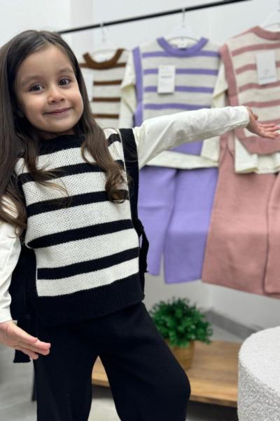 ÇİZGİLİ SÜVETERLİ 3 LÜ KIZ TRİKO TAKIM  Gül