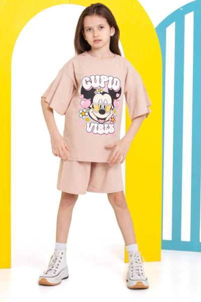 CUPID VİBES MİCKEYLİ ŞORTLU KIZ TAKIM  Bej