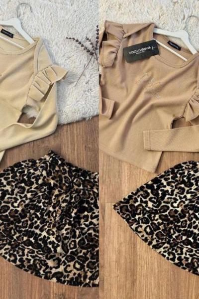 D-G YAZILI OMUZ FIRFIRLI LEOPARLI ETEKLİ TAKIM  Bej