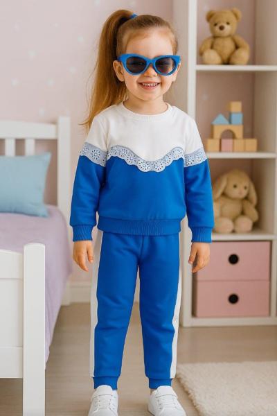 DANTEL DETAYLI İKİ İP ŞARDONLU KIZ TARZ TAKIM Mavi