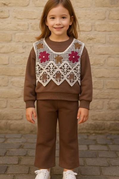 DANTEL SÜVETERLİ KIZ İKİ İP EŞOFMAN TAKIMI Kahverengi