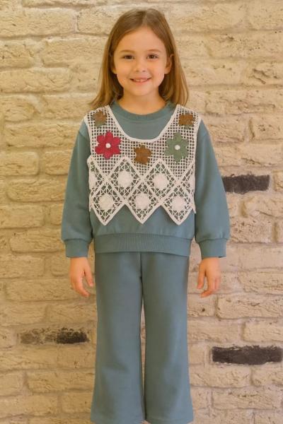 DANTEL SÜVETERLİ KIZ İKİ İP EŞOFMAN TAKIMI Yeşil