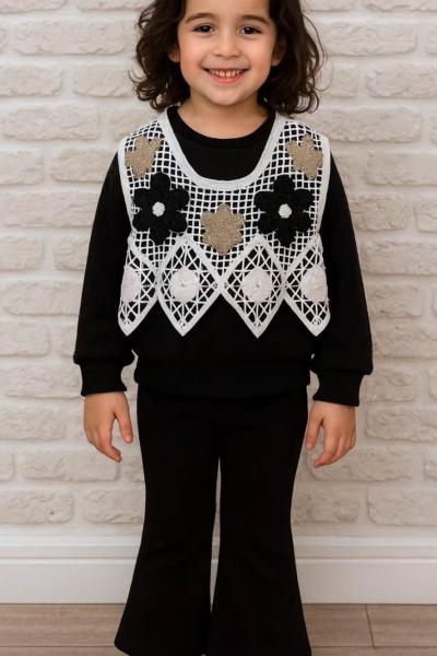 DANTEL SÜVETERLİ KIZ İKİ İP EŞOFMAN TAKIMI Siyah