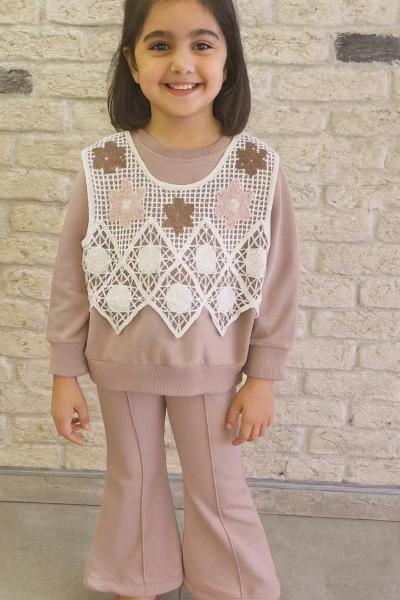 DANTEL SÜVETERLİ KIZ İKİ İP EŞOFMAN TAKIMI Gül