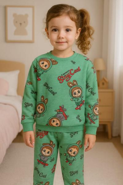 DİJİTAL 2 İP KAYKAYLI KIZ DESENLİ EŞOFMAN TAKIMI Yeşil