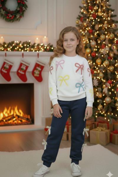 EŞOFMANI FİYONKLU ÜST RENKLİ FİYONK DETAYLI İKİ İP ŞARDONLU KIZ TAKIM Lacivert