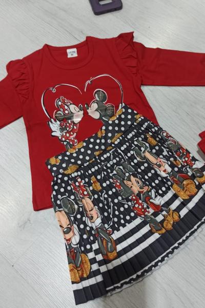 ETEĞİ ÇİZGİLİ BEYAZ PUANLI MİNİK MİNİE MOUSE ETEKLİ TAKIM  Kırmızı