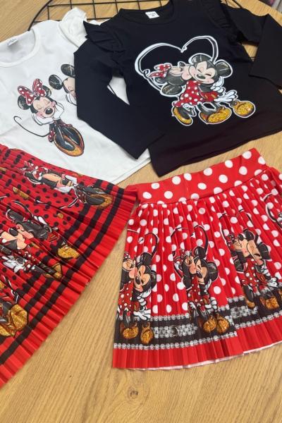 ETEĞİ KIRMIZI PUANLI SİYAH MİNİK FİYONKLU MİNİE MOUSE ETEKLİ TAKIM  Beyaz