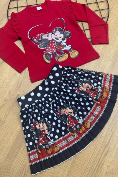 ETEĞİ SİYAH BEYAZ BÜYÜK PUANLI MİNİE MOUSE ETEKLİ TAKIM  Kırmızı