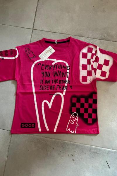 EVERYTHINK KARELİ KALPLİ KIZ TİŞÖRT Fuşya