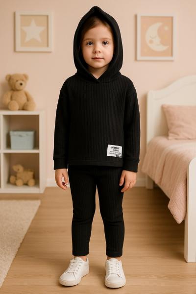 FİTİLLİ KAPŞONLU CEPLİ HAVUÇ PANTOLON KIZ TAKIM Siyah