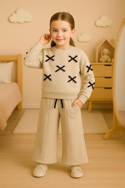 FİYONKLU 3 İP ŞARDONLU KIZ TAKIM Bej