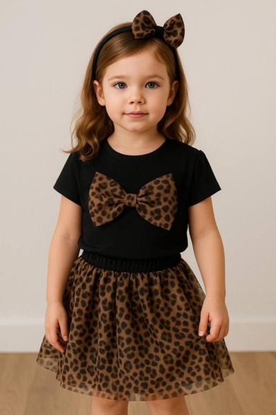 FİYONKLU TAÇLI LEOPAR ETEKLİ TAKIM  Kahverengi