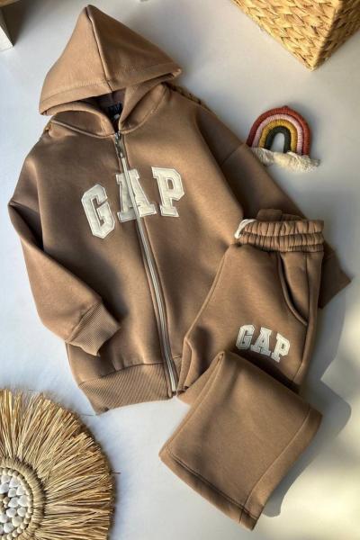 GAP FERMUARLI 3 İP ŞARDONLU DÜZ PAÇA GARSON BOY EŞOFMAN TAKIMI  Kahverengi