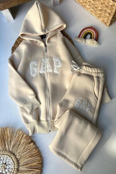 GAP FERMUARLI 3 İP ŞARDONLU DÜZ PAÇA GARSON BOY EŞOFMAN TAKIMI  Krem