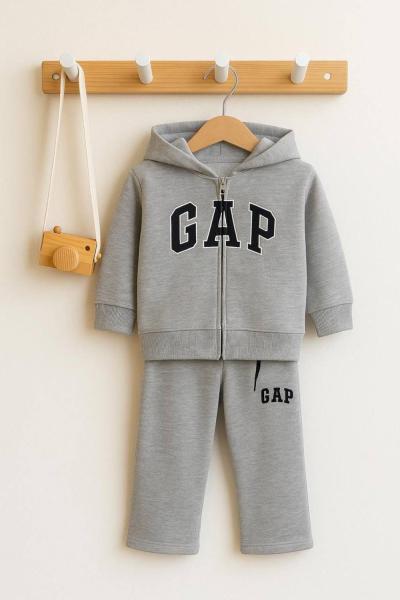 GAP FERMUARLI 3 İP ŞARDONLU DÜZ PAÇA GARSON BOY EŞOFMAN TAKIMI  Gri