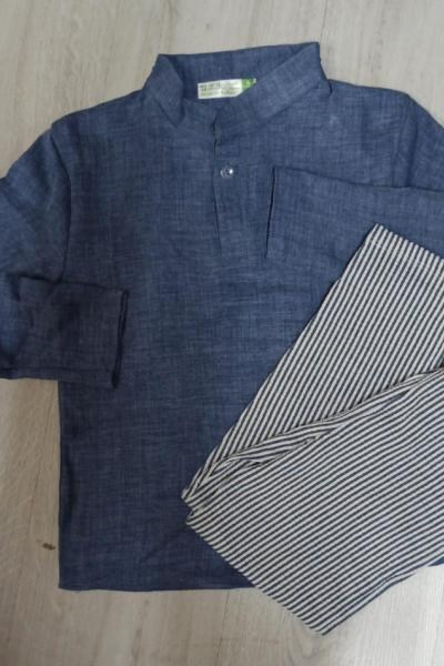 HAKİM YAKA  PANTOLONU ÇİZGİLİ KETEN ERKEK TAKIM  Mavi