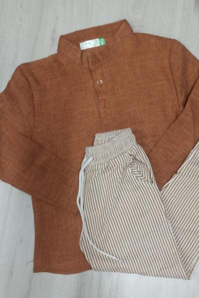 HAKİM YAKA  PANTOLONU ÇİZGİLİ KETEN ERKEK TAKIM  Kahverengi