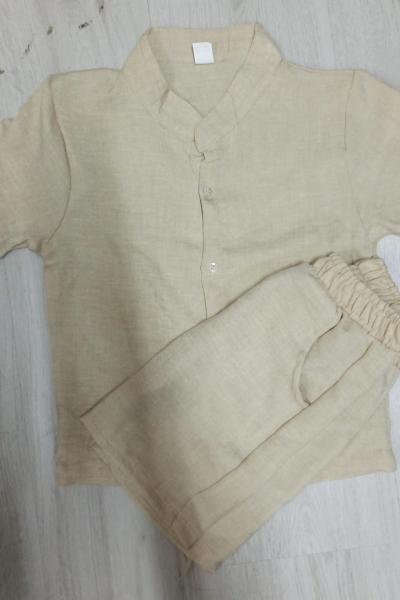 HAKİM YAKA ŞORTLU ERKEK KETEN TAKIM Bej