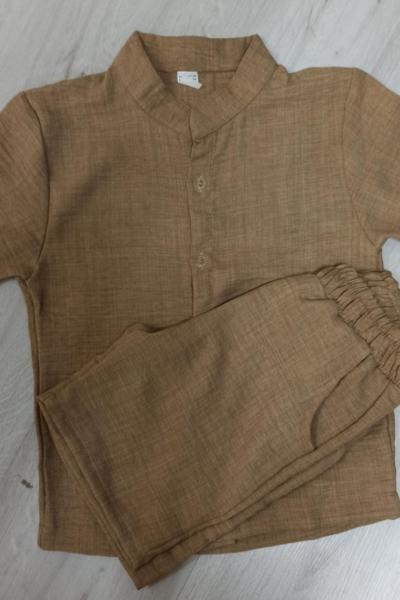 HAKİM YAKA ŞORTLU ERKEK KETEN TAKIM Kahverengi