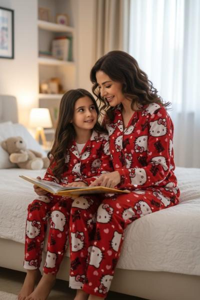 HELLO KİTTY DESENLİ SÜET ANNE PİJAMA TAKIMI  Kırmızı