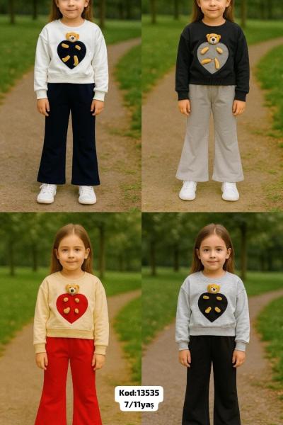 İKİ İPLİK ÖNÜ AYICIKLI ÜST GRİ ALT SIYAH  KIZ EŞOFMAN TAKIMI  Gri